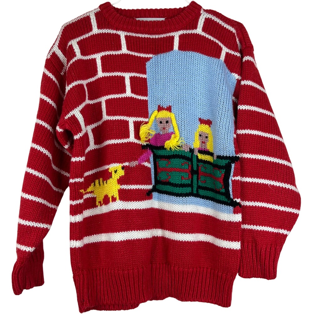 Vintage 80s Bravo Handknits Sweater S Princess Castle Novelty Intarsia Korea